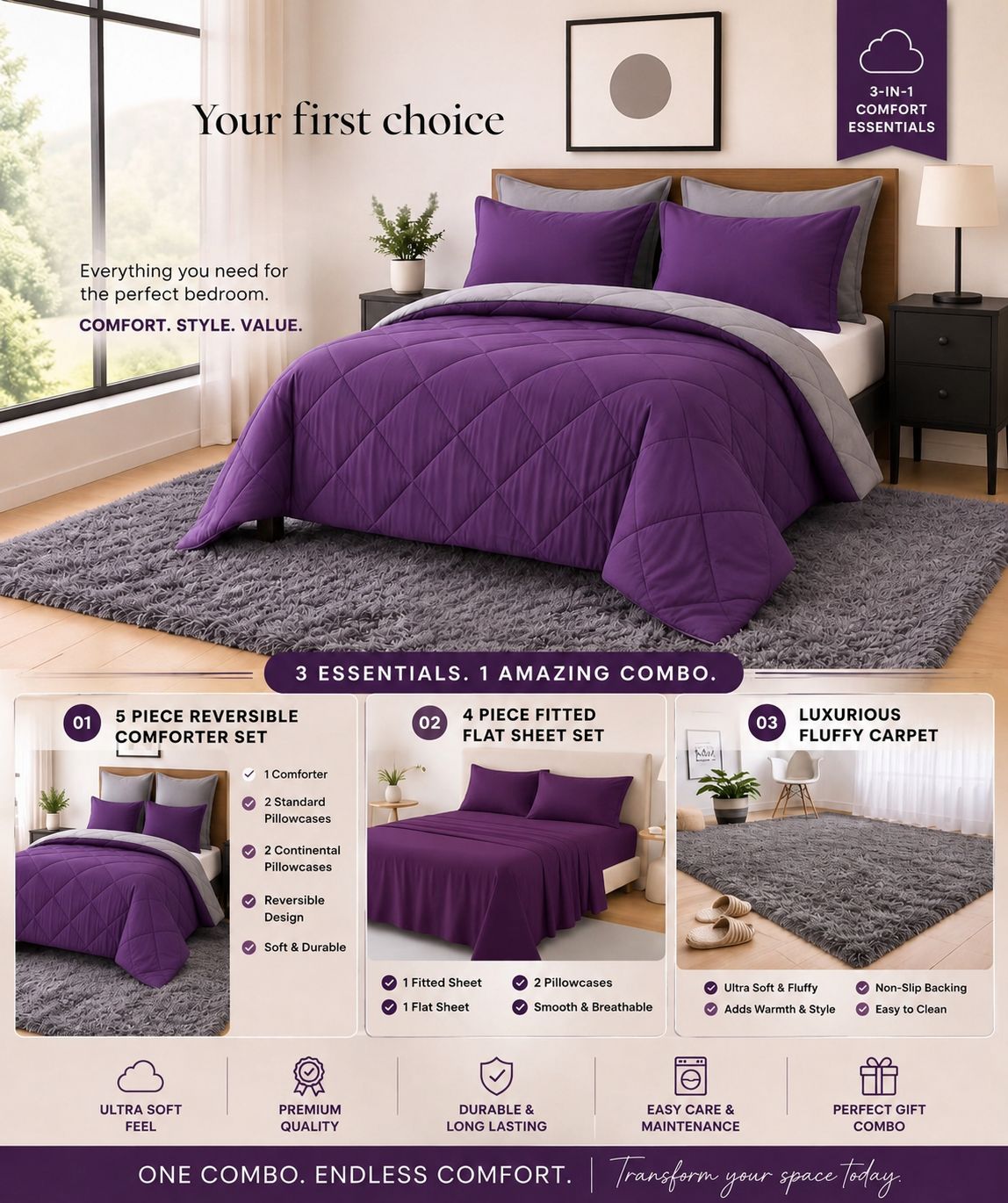 3-in-1 Comfort Essentials Combo with Fluffy Carpet