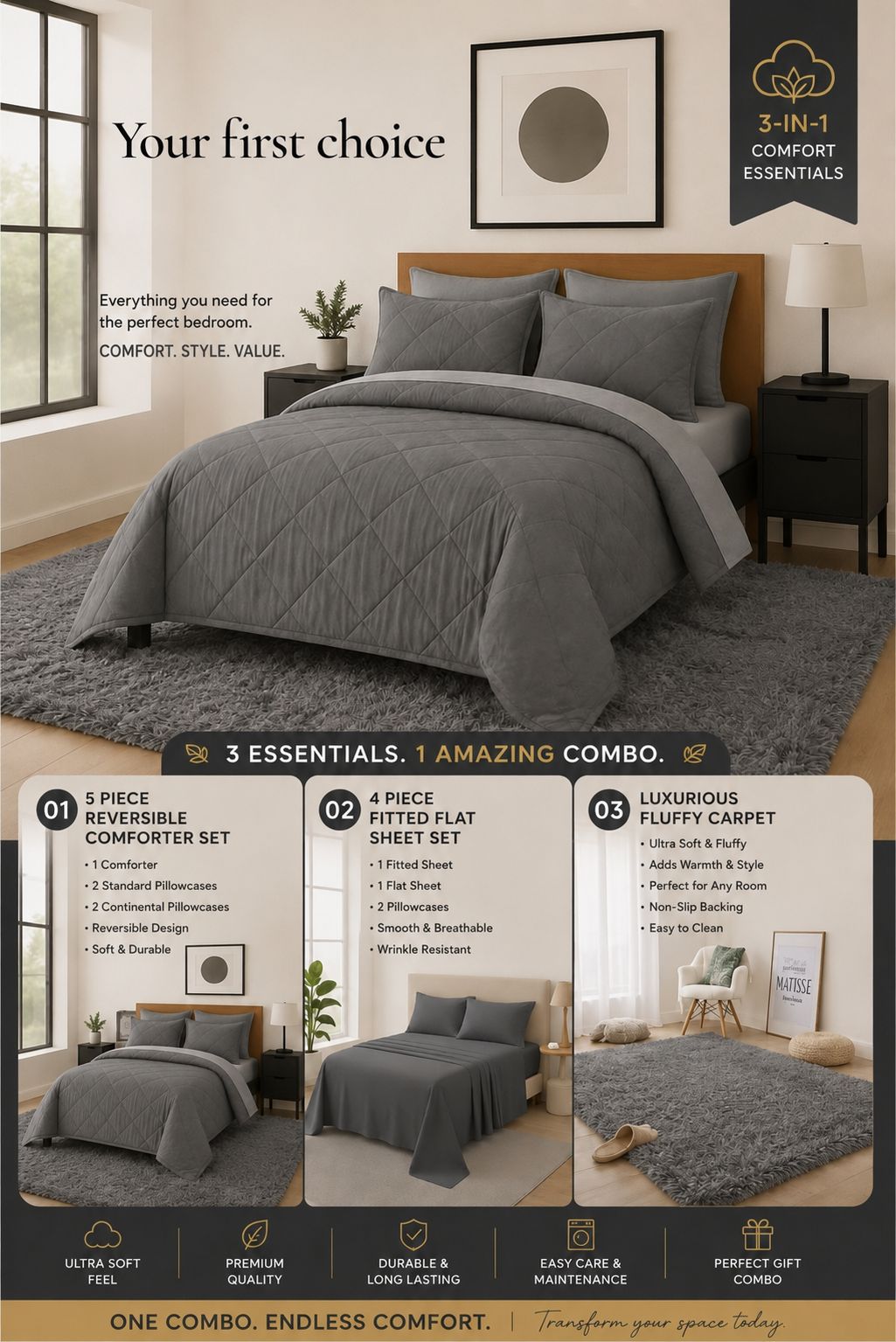 3-in-1 Comfort Essentials Combo with Fluffy Carpet