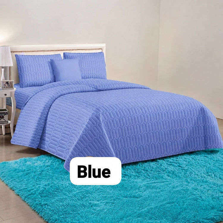 2-in-1 Blue Comforter & Fluffy Carpet Combo - blue oval-stitch comforter with teal fluffy carpet