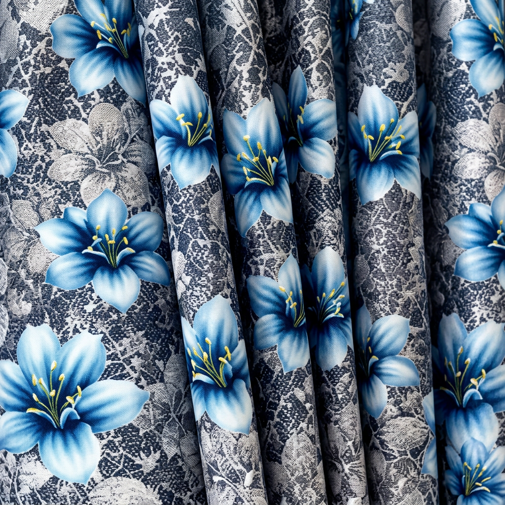 Blue Floral Curtain and Lace Set