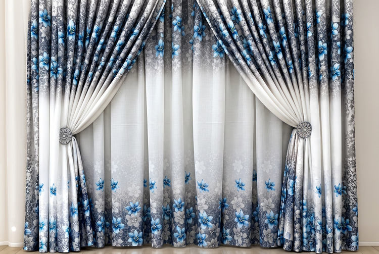 Blue Floral Curtain and Lace Set