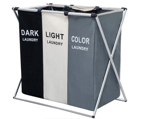3-Section Laundry Basket with Dark, Light and Colour sections on aluminium X-frame