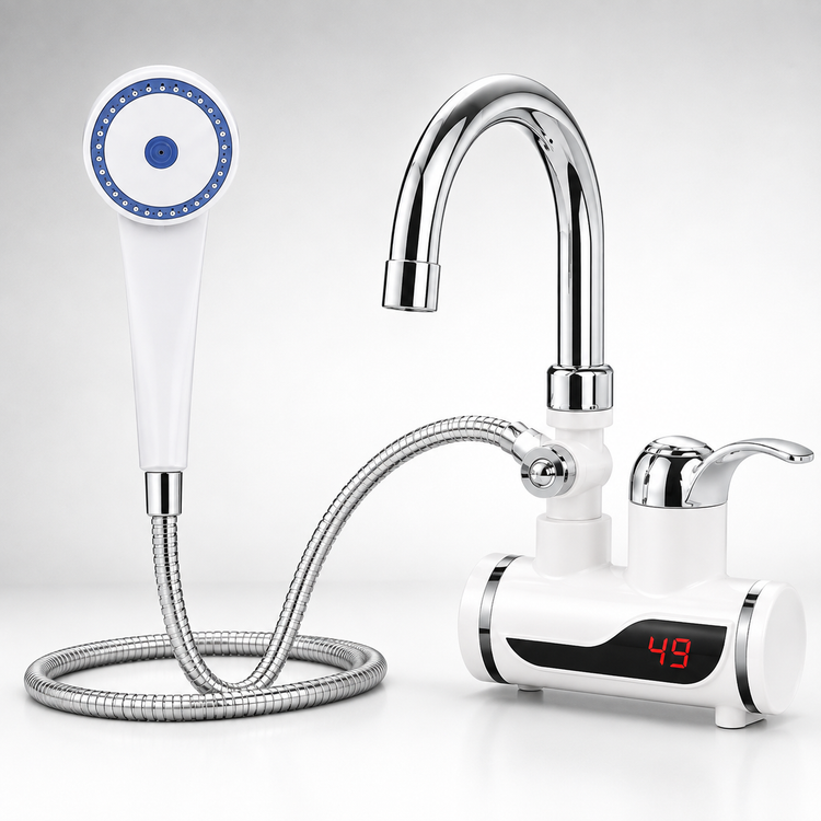 Instant Electric Faucet and Shower with LED temperature display showing 49 degrees, flexible hose and shower head