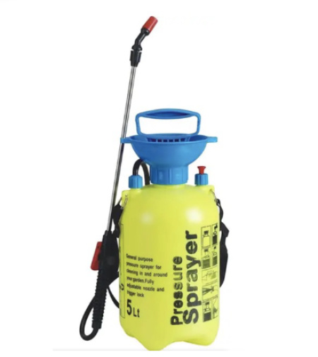 5L Pressure Sprayer product shot - yellow tank with blue lid, stainless steel lance and shoulder strap