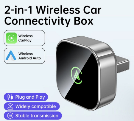 2-in-1 Wireless Car Connectivity Box - supports Wireless CarPlay and Android Auto, plug and play